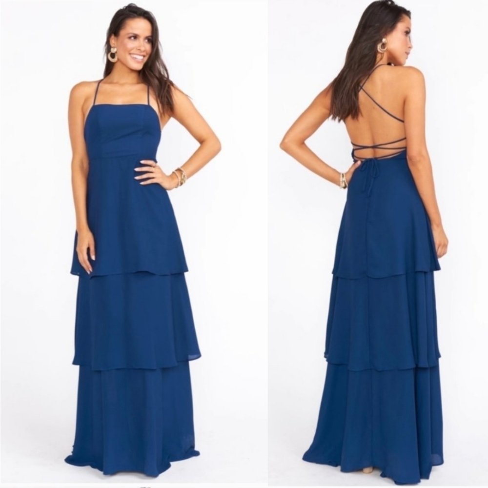 Show Me Your Mumu Calypso Ruffle Dress Women's Large Rich Navy Crisp  Golden 3